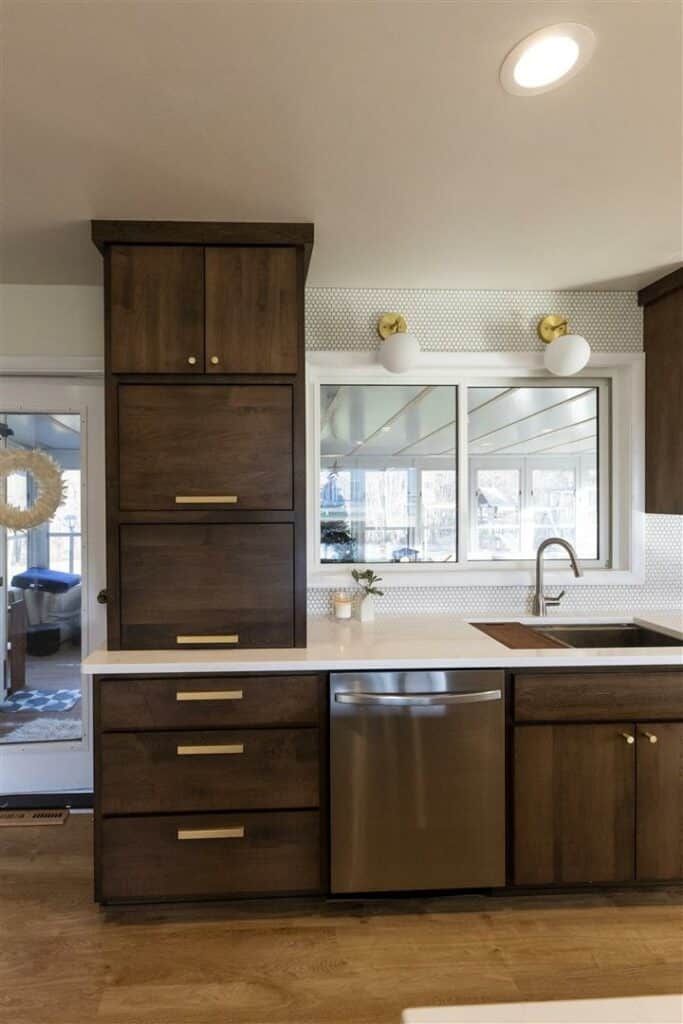 Stained wood cabinets.