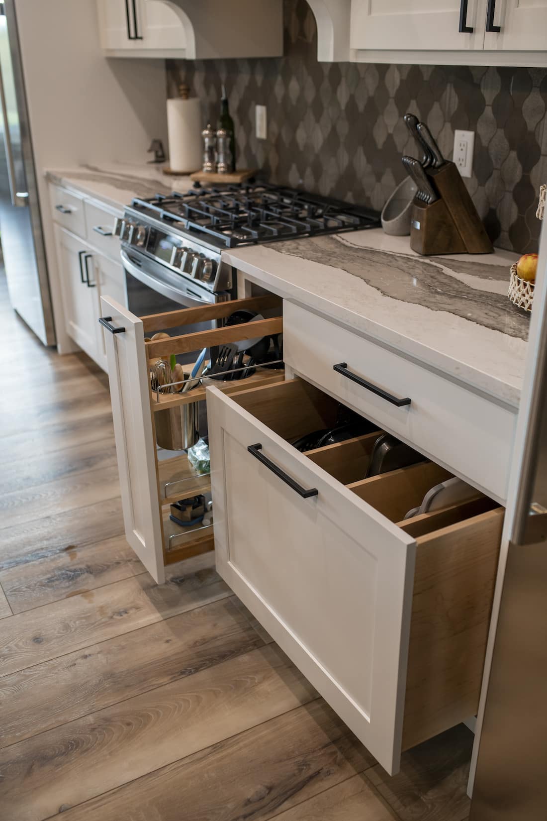 White kitchen cabinets.