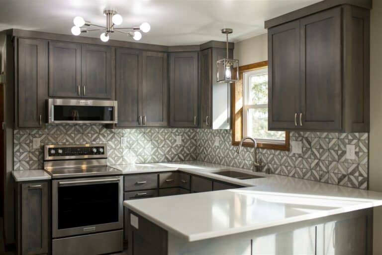 Stained wood cabinets.