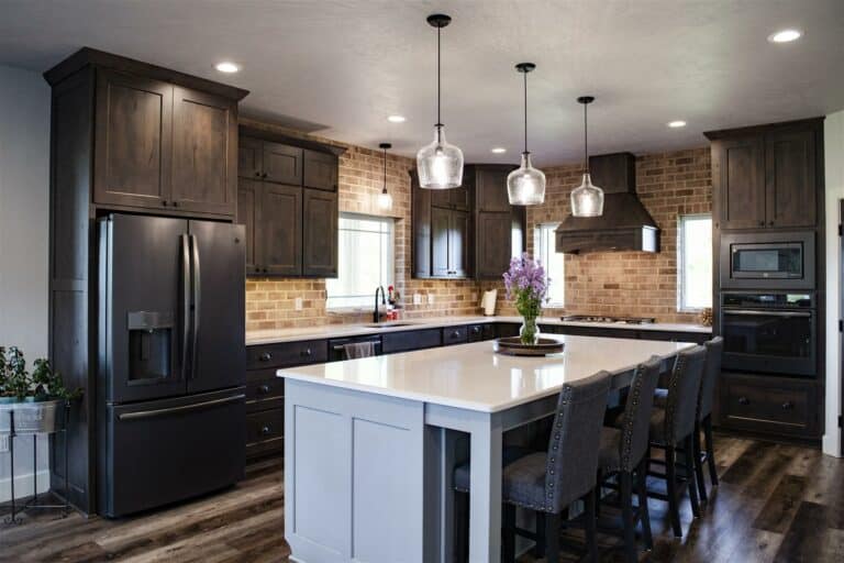 Stained wood cabinets.
