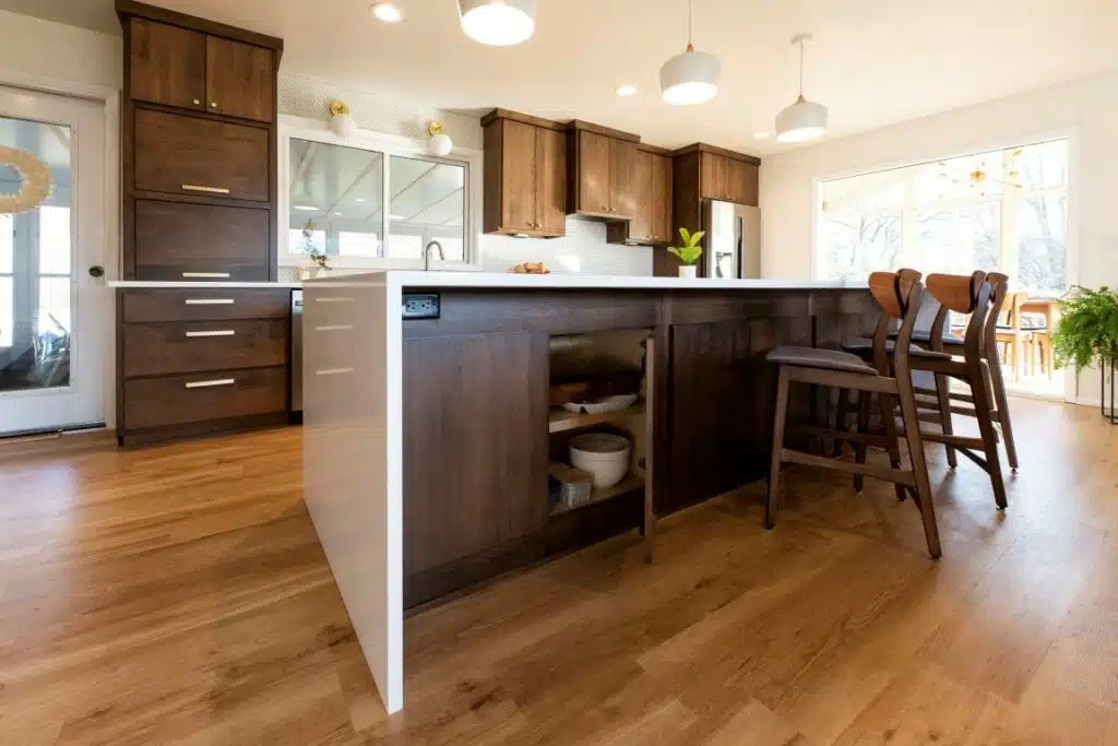 Stained wood cabinets.