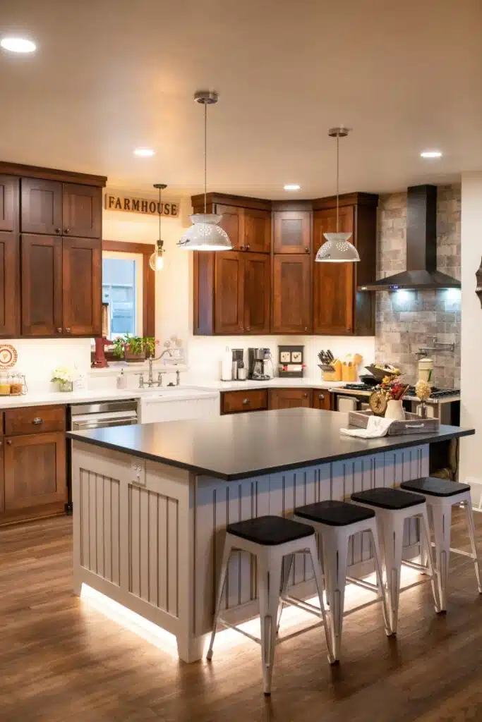 Dark kitchen cabinets.
