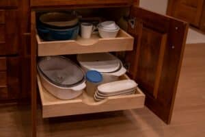 Custom slide out cabinets. Easy accessible for aging-in-place