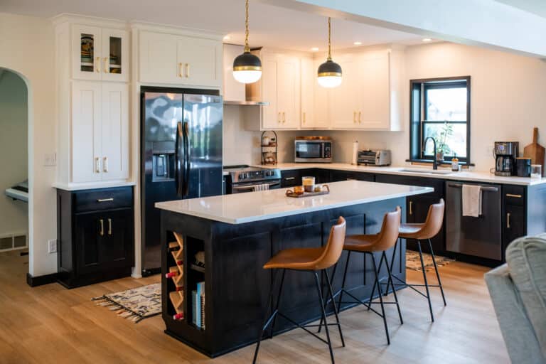 black painted lower kitchen cabinets, white painted upper kitchen custom cabinets in richfield, wi